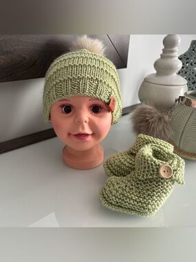 Knit Baby Beanie & Booties Set - Light Green with Fur Pom